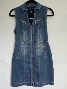INC Denim Zip Front Dress Braided Waist Petite 4P